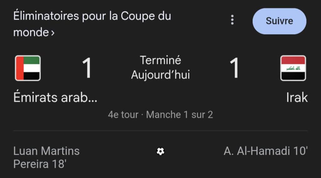 Émirats arabes unis Vs Irak en qualifications pour la Coupe du monde 2026